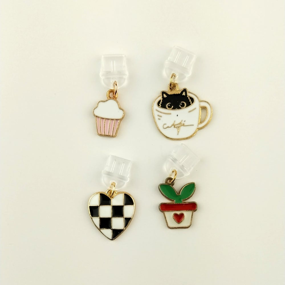 Cute Cupcake Coffee Cat Checkered Heart & Plant Charm for Kindle and USB-C Devices