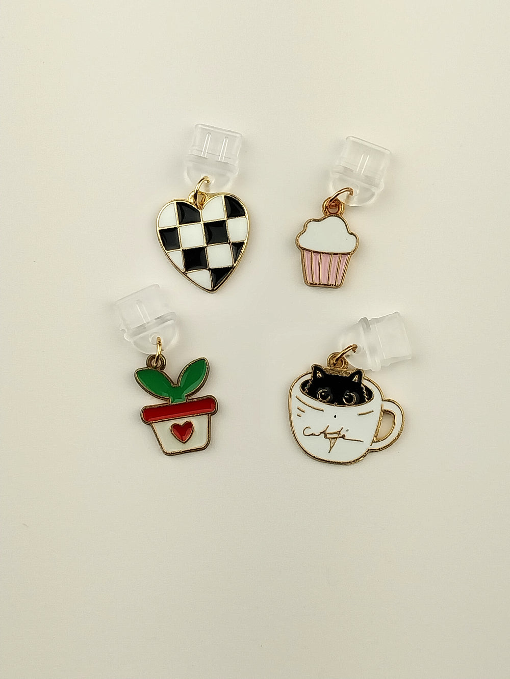 Cute Cupcake Coffee Cat Checkered Heart & Plant Charm for Kindle and USB-C Devices