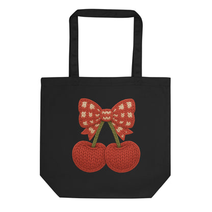 Faux Cozy Knit Cherry Bow Tote Bag
