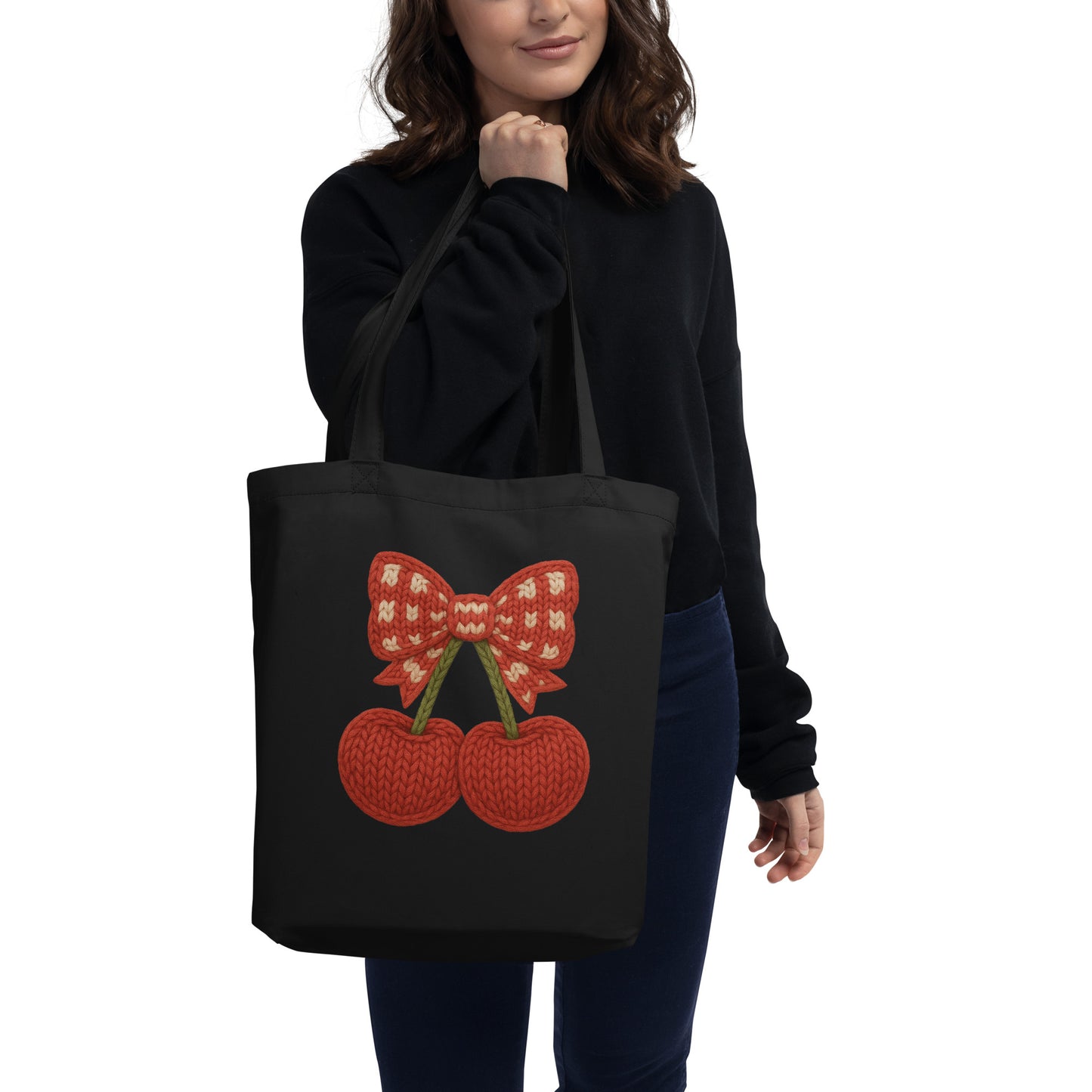 Faux Cozy Knit Cherry Bow Tote Bag
