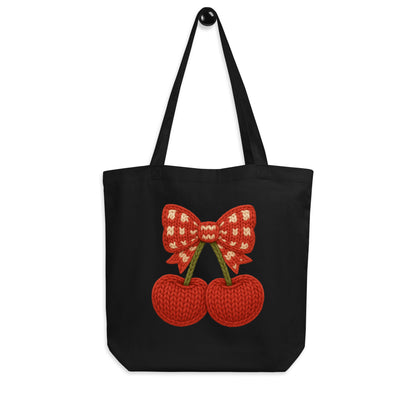 Faux Cozy Knit Cherry Bow Tote Bag