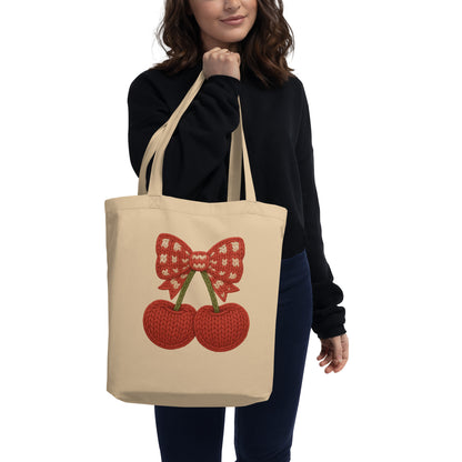 Faux Cozy Knit Cherry Bow Tote Bag