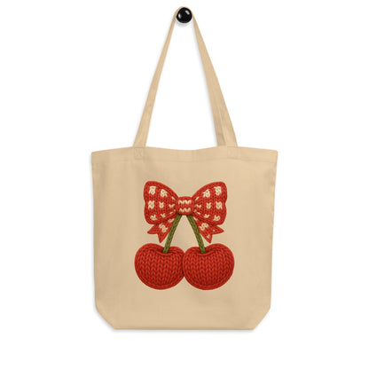 Faux Cozy Knit Cherry Bow Tote Bag